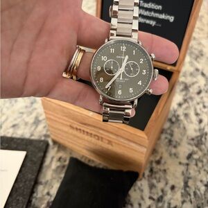 Brand New Shinola Canfield with Olive Green Face on a Silver Bracelet